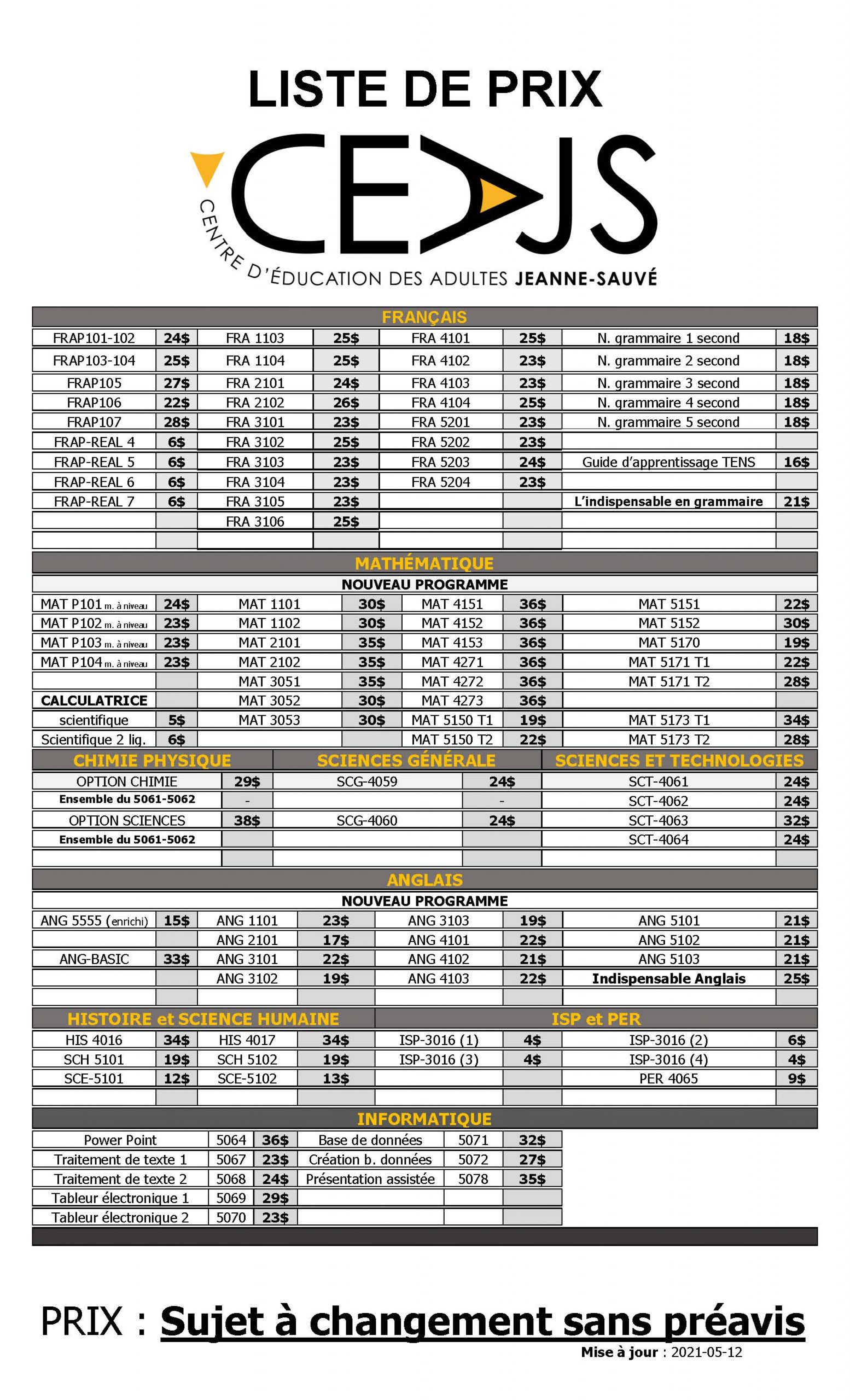 2020-2021 LISTE DE PRIX mai