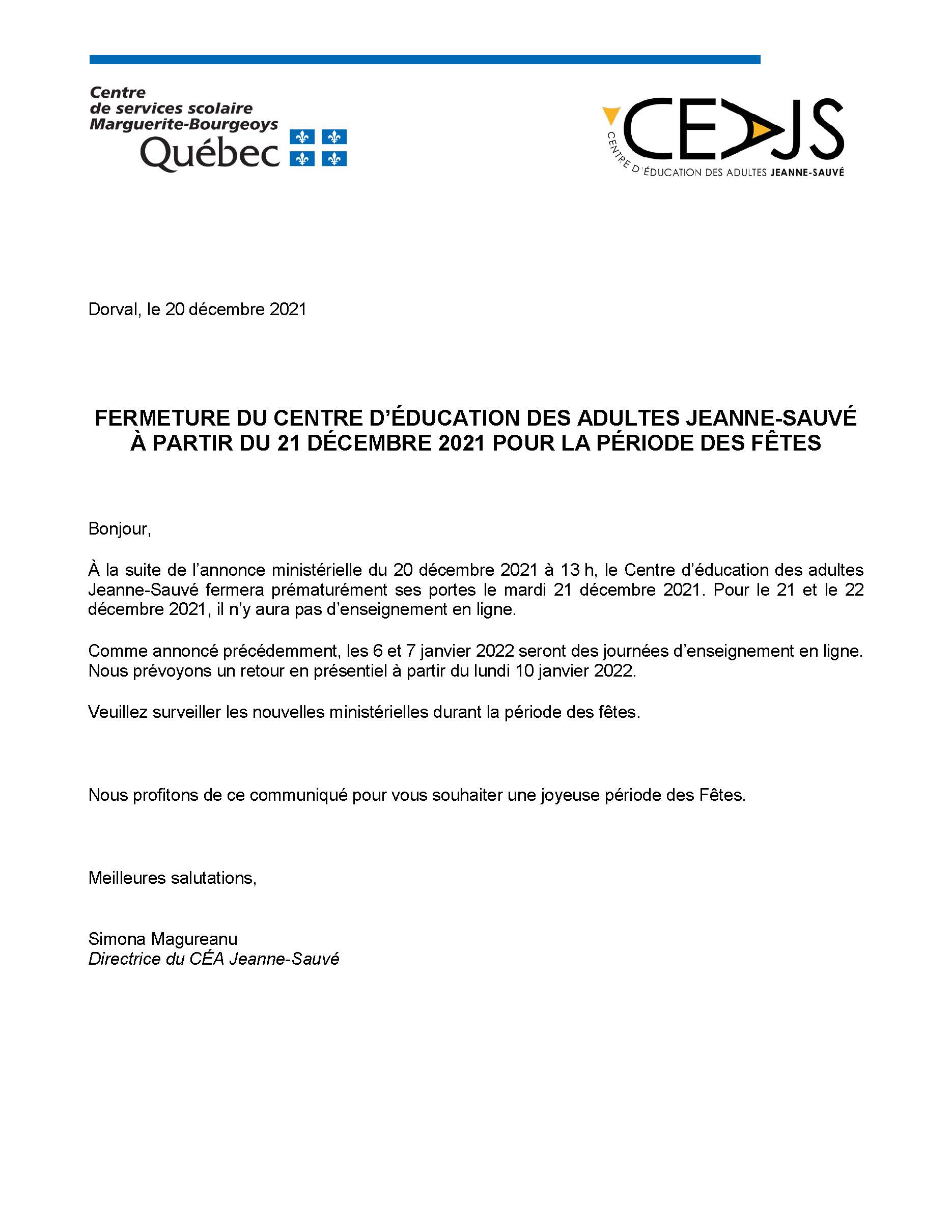 Fermeture du CÉA Jeanne-Sauvé à partir du 21 décembre 2021 – Élève